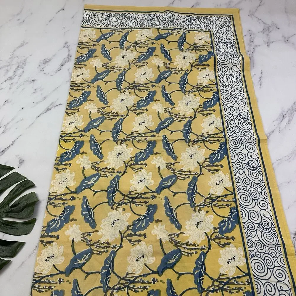 Natural Habitat Floral Tablecloth Yellow Blue Cotton 60 in Square Boho Cottage